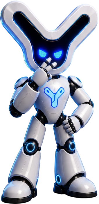 Ypsi, mascote 3D da ipsilon Company Softwares, em pose confiante de continência