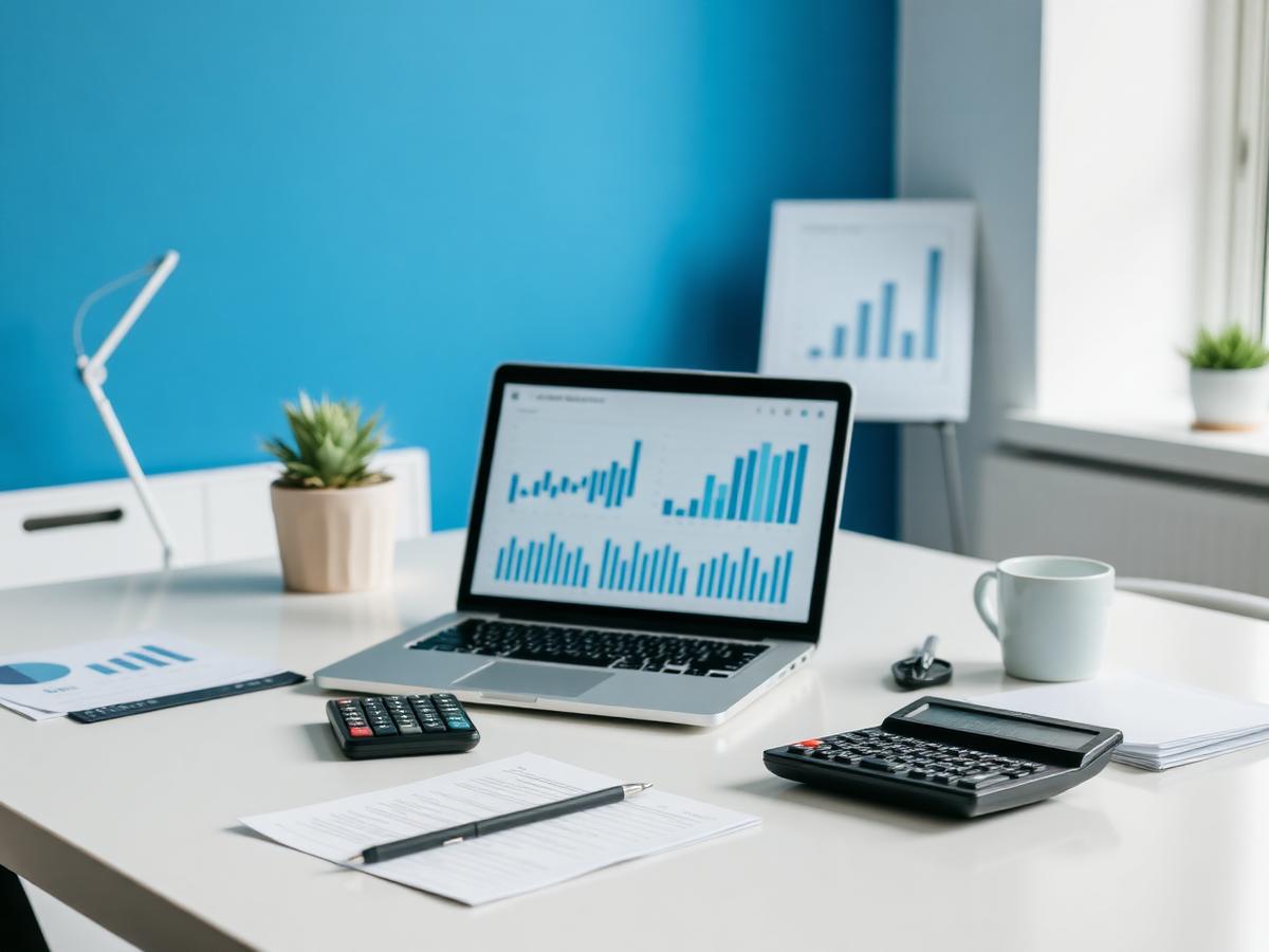 Mesa de escritório contábil com notebook exibindo gráficos financeiros