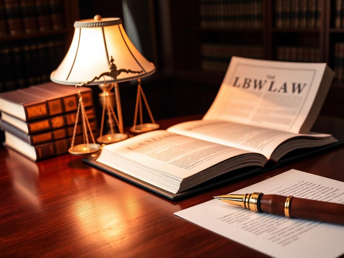 Mesa de escritório de advocacia com livros jurídicos e balança da justiça